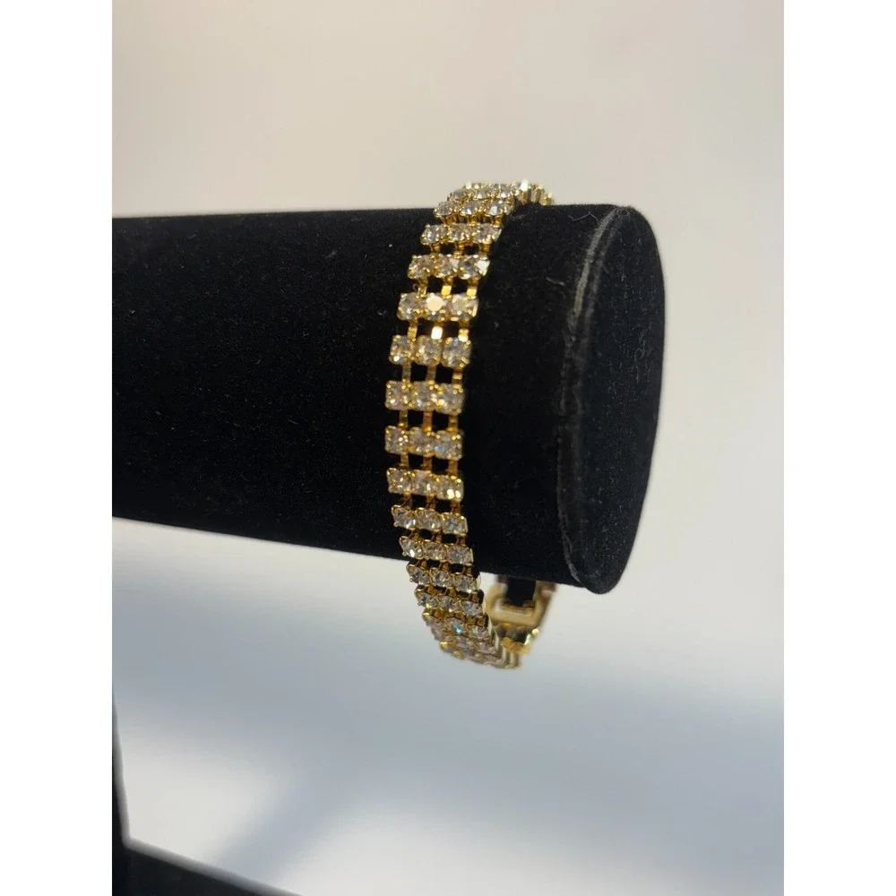 Vintage Gold Tone Bracelet Clear Rhinestone‎ Triple Row Elegant Jewelry